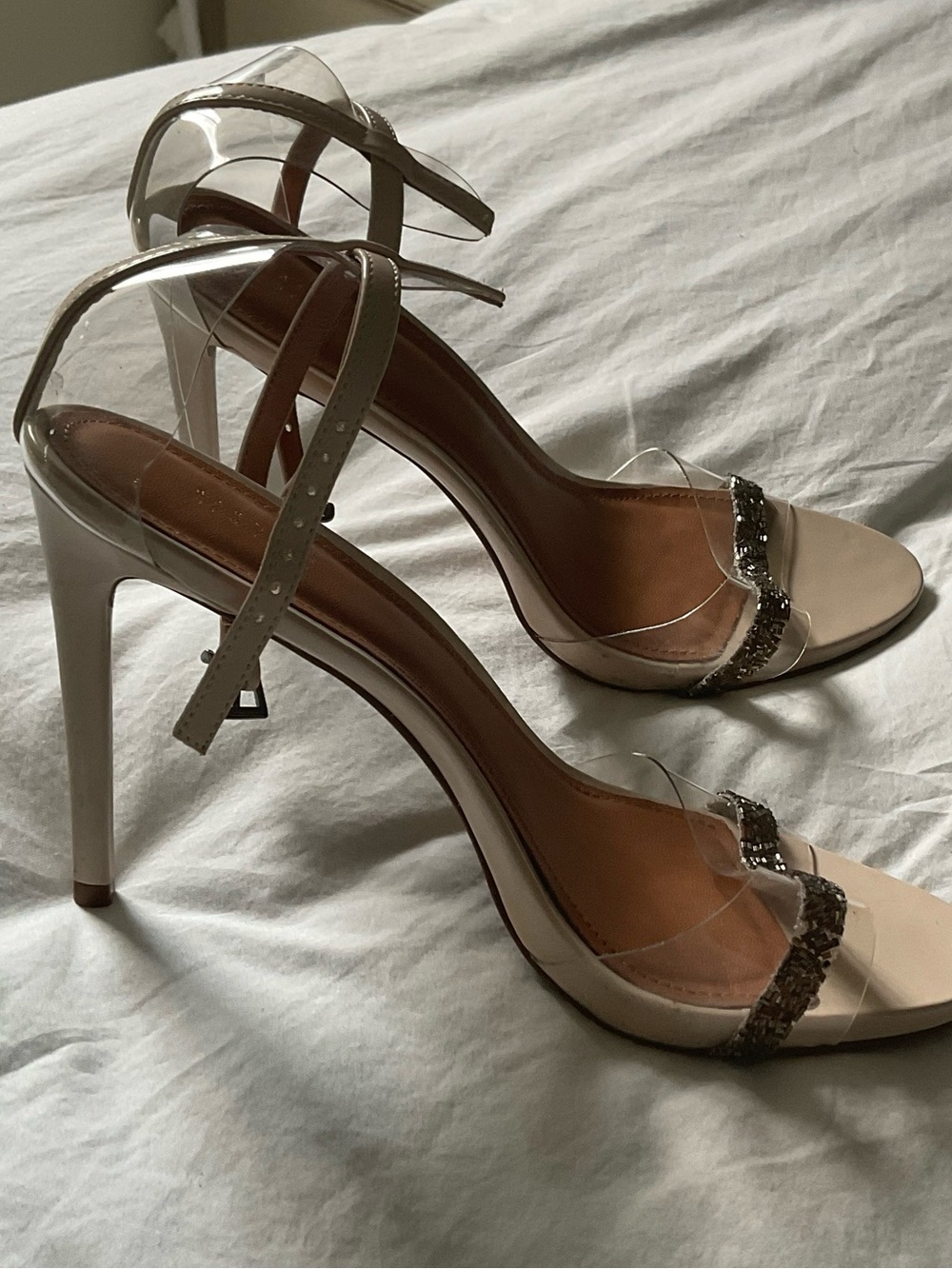 Barneys New York Beige Nude High-Heel Ankle-Strap Sandals with Clear PVC